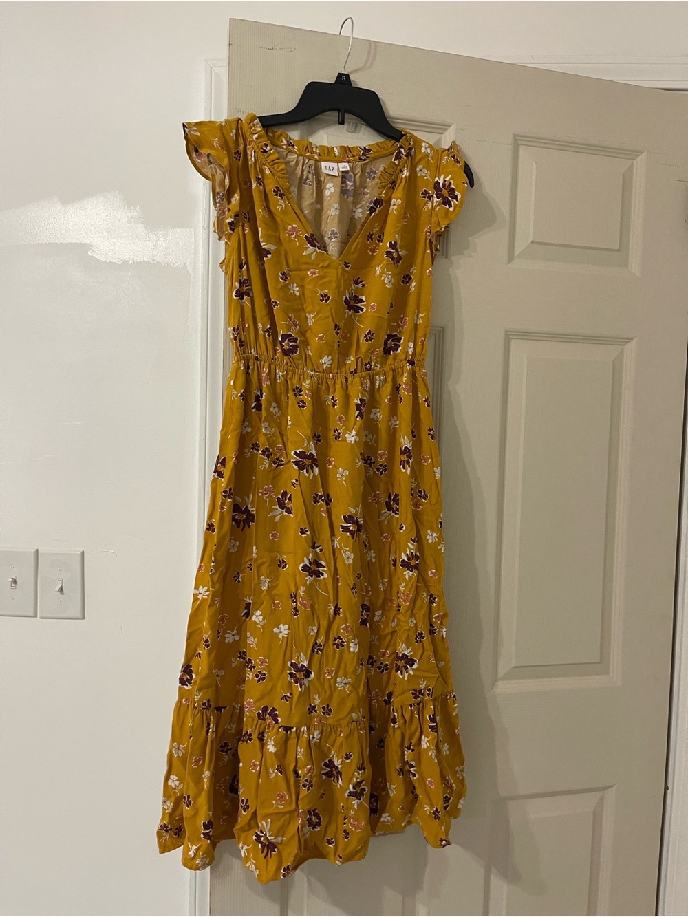 GAP Mustard Floral V-Neck Tiered Midi Dress